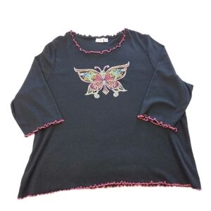 Cato Womens 26 28 Black Blouse Top Glitter Dot Butterfly Grahic Pink Lettuce Hem
